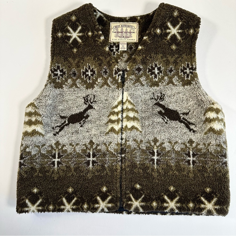 Vintage‎ The Great Outdoors Fleece Vest L Brown 90s Winter Holiday Cottage Cabin